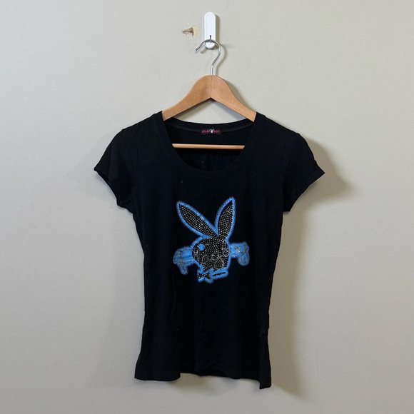 PLAYBOY Tops - Playboy Bunny Vintage Y2K black/blue rhinestone short sleeve t-shirt